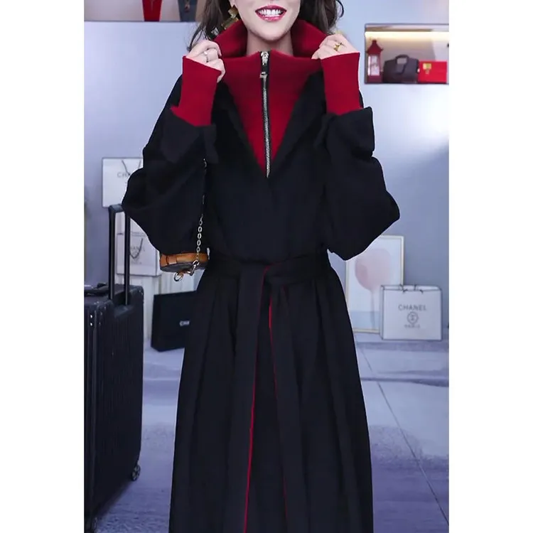 2026秋冬新款大码假两件连衣裙女气质百搭收腰显瘦撞色中长款裙子