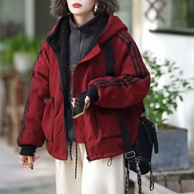 两面可穿棉服外套女2026秋冬新款时尚宽松显瘦大口袋加厚连帽棉衣