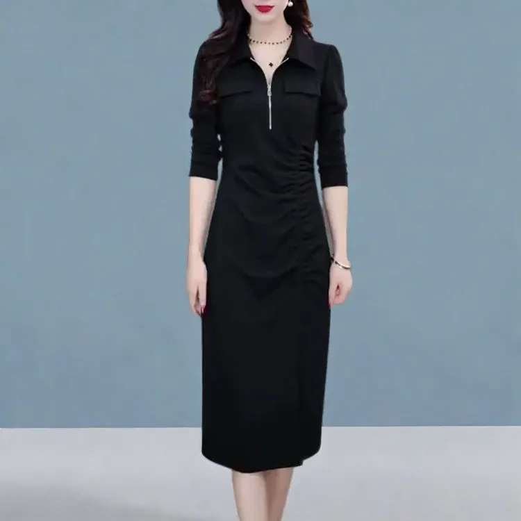 2025秋季新款拉链翻领气质休闲减龄遮肉显瘦长袖中长款开衩连衣裙