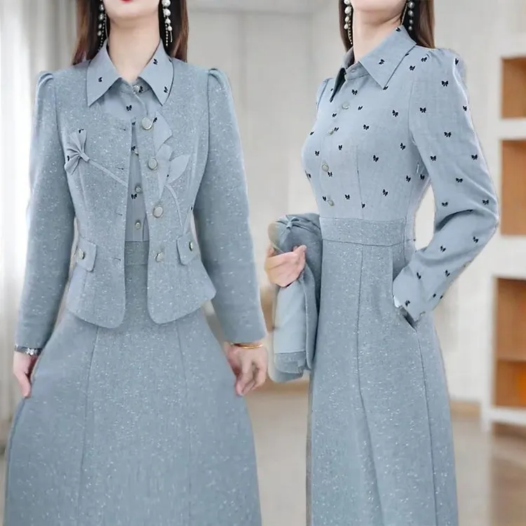 时尚休闲套装裙女2026年春季新款小香风外套长袖连衣裙两件套