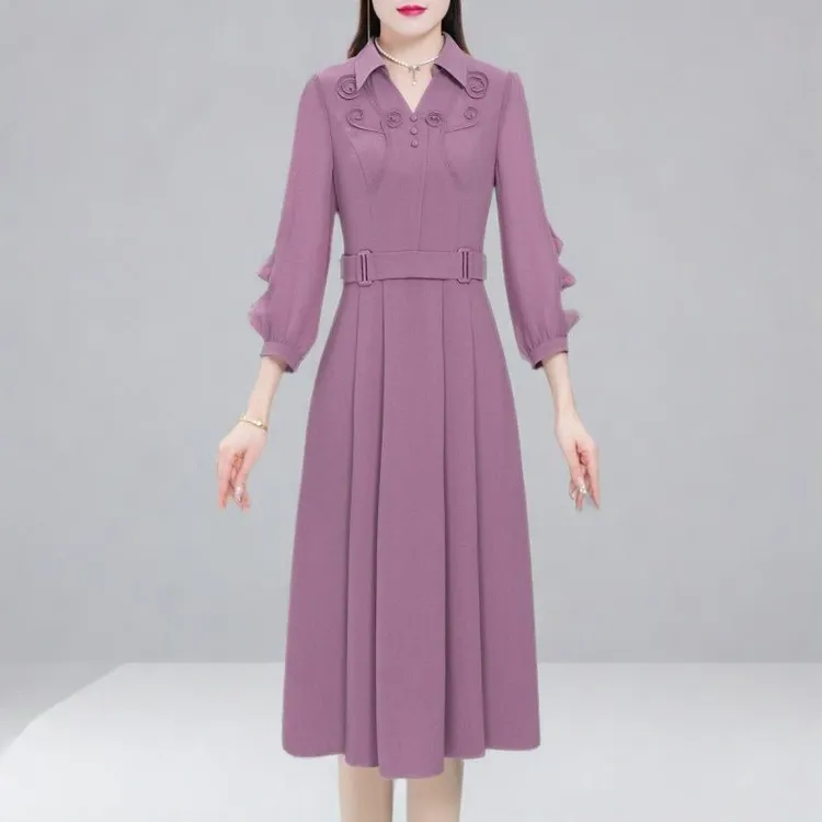 2025秋季新款法式大码连衣裙女气质修身荷叶边拼接收腰显瘦中长裙