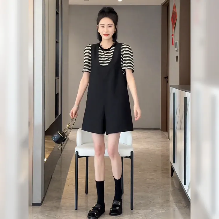 夏季穿搭套装一整套时尚洋气减龄宽松上衣+连体背带裤两件套女装