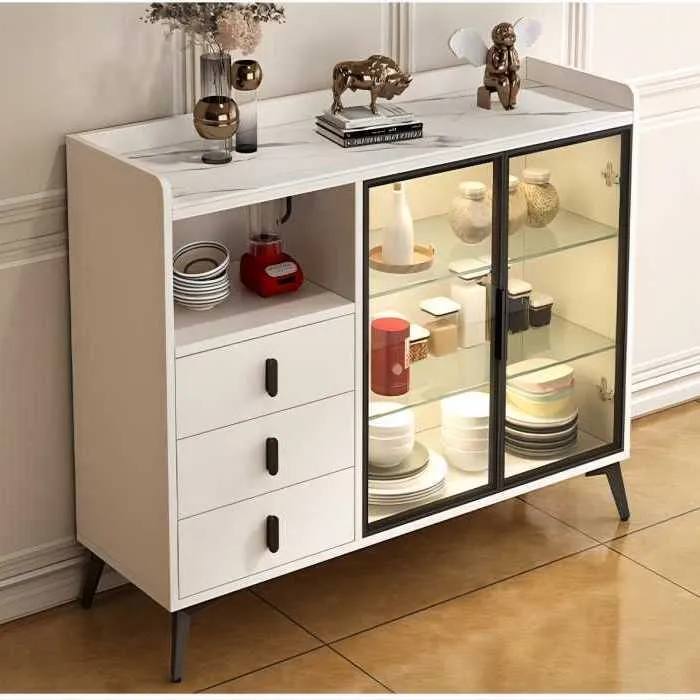 岩板餐边柜简约现代茶水柜轻奢奶油风碗橱柜靠墙玻璃门实木储物柜