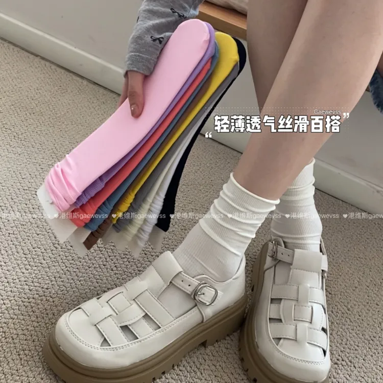港维斯热卖纯色百搭显瘦冰冰袜薄款螺旋袜口不下滑中筒袜堆堆袜