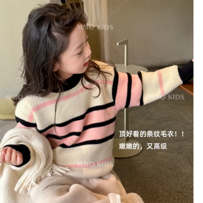 女童洋气软糯条纹毛衣秋冬宽松甜美童装撞色针织衫上衣