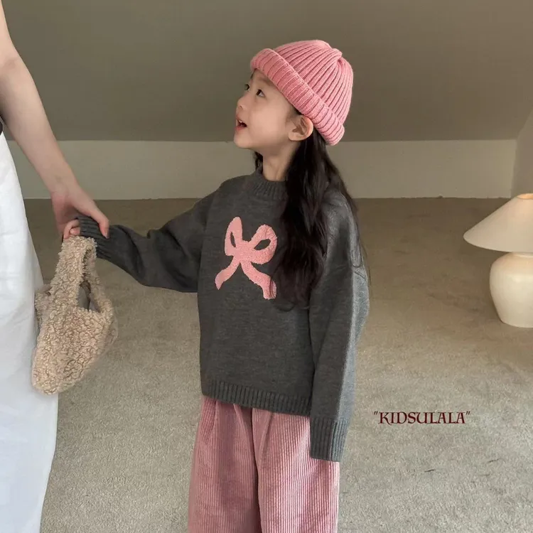 女童加厚毛衣冬季新款韩版洋气百搭卡通蝴蝶结针织衫