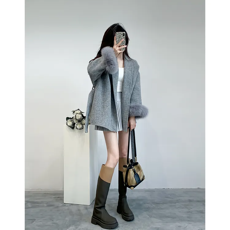 高级灰手工双面羊绒大衣女2025春季新款小个子高级感羊毛呢外套