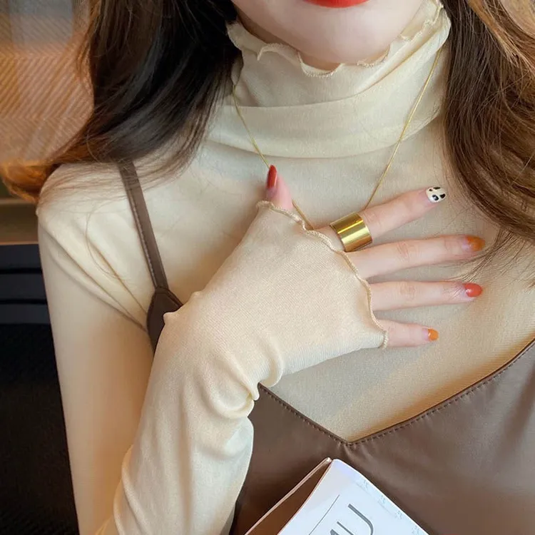 单层透明网纱打底衫女春秋内搭薄款2025新款蕾丝堆堆领黑色木耳边