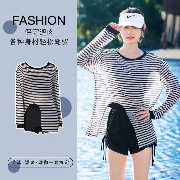2025新款爆款分体女夏显瘦遮肚保守防晒三件套运动专业游泳套装