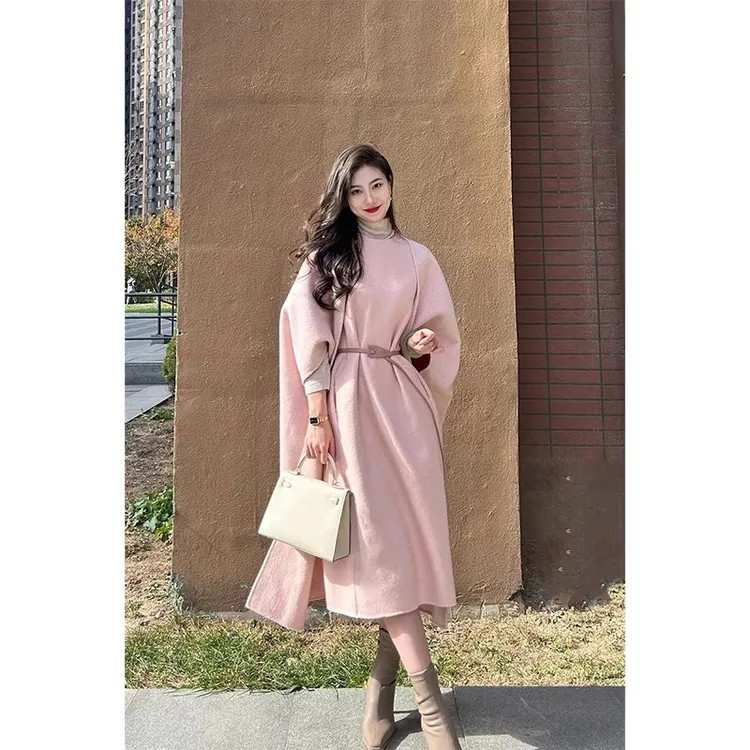 毛呢外套套装女秋冬小个子显高富家千金粉色中长款大衣搭配连衣裙