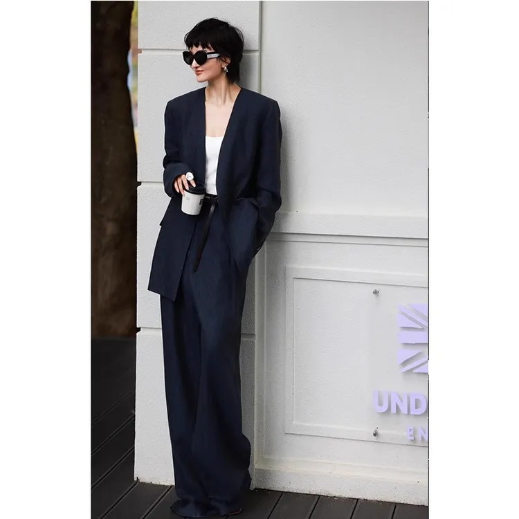 高端职场通勤亚麻西装套装女秋宽松老钱风松弛感西服阔腿裤两件套