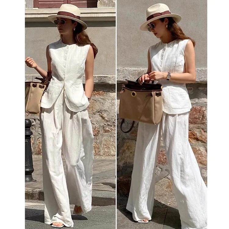 休闲风马甲亚麻套装女2024夏季百搭时尚无袖上衣西装裤棉麻两件套