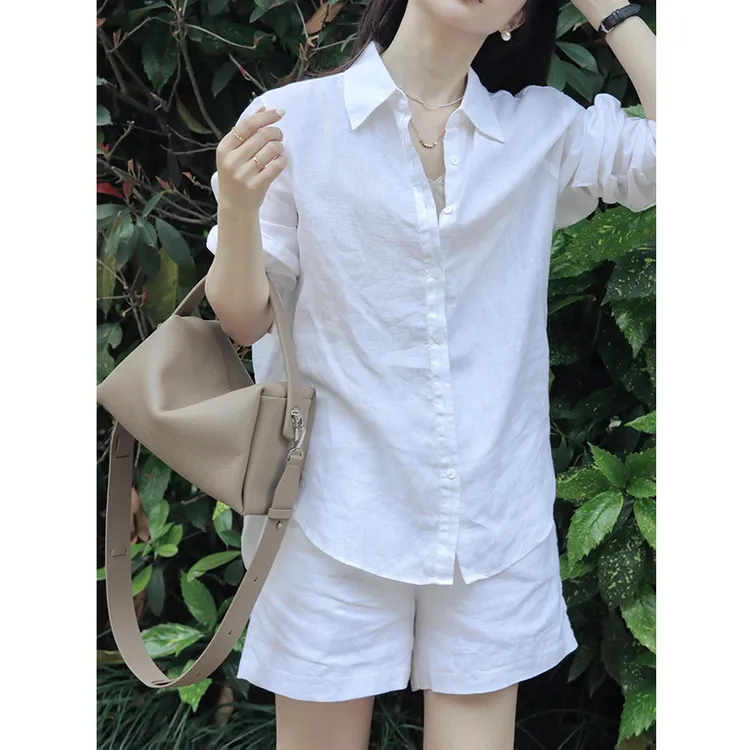 白色衬衫高端简约亚麻气质套装女2025夏季休闲防晒衬衣短裤两件套