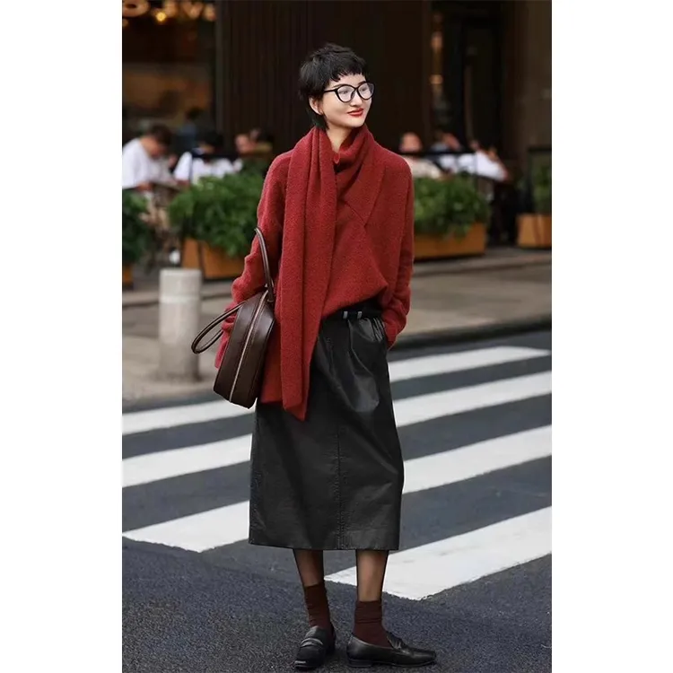 秋冬法式时尚毛衣衫女小众设计宽松简约休闲百搭假两件围脖针织衫