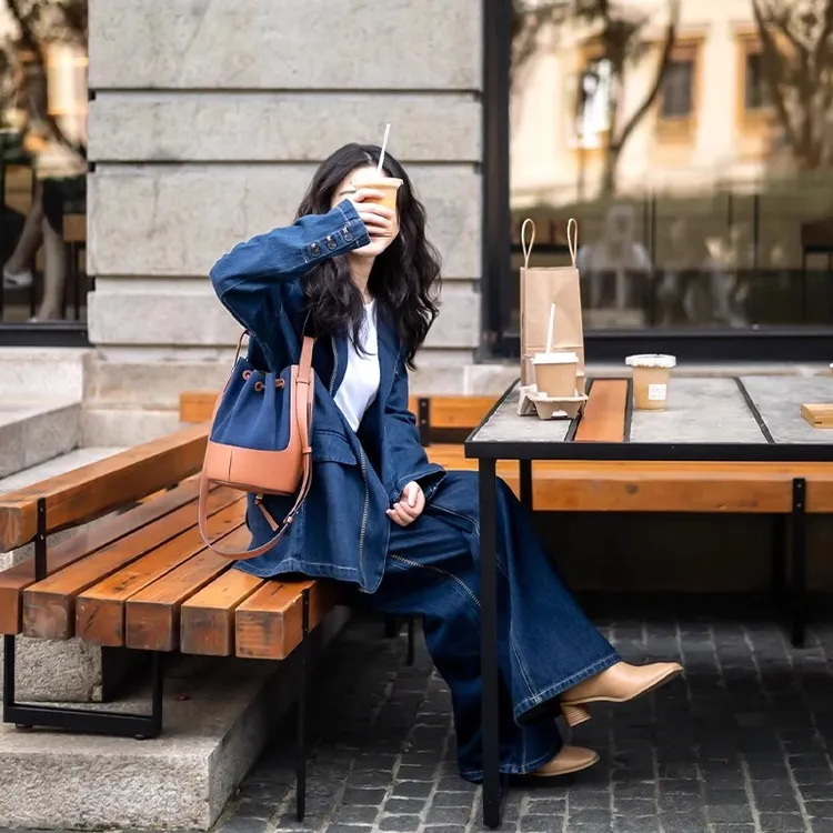 港风复古牛仔套装女秋季休闲高级感时尚宽松西装外套阔腿裤两件套