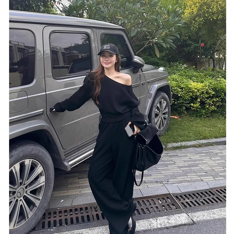 秋冬新款慵懒风黑色卫衣套装女韩系小个子运动斜肩上衣长裤两件套