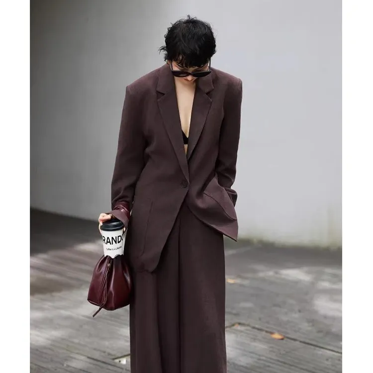 时髦精老钱风西装套装女2025春秋极简休闲宽松廓形外套长裤两件套