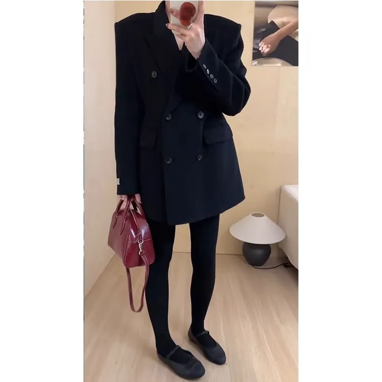 黑色西装毛呢外套女秋冬新款高级感时髦气质小香风中长款呢子大衣