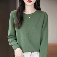 100%纯棉线圆领提花加厚针织衫女宽松套头洋气长袖百搭显瘦上衣