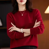 不起球可机洗新年红纯棉线加厚圆领长袖秋冬宽松开叉针织打底衫女