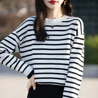 不起球可机洗纯棉线圆领条纹针织衫女秋冬加厚打底衫气质宽松长袖