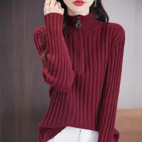 不起球可机洗纯棉线加厚坑条半高领打底衫秋冬时尚宽松显瘦长袖女