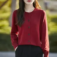 不起球可机洗100%纯棉线圆领卷边开衫秋冬薄款针织外套红色长袖女