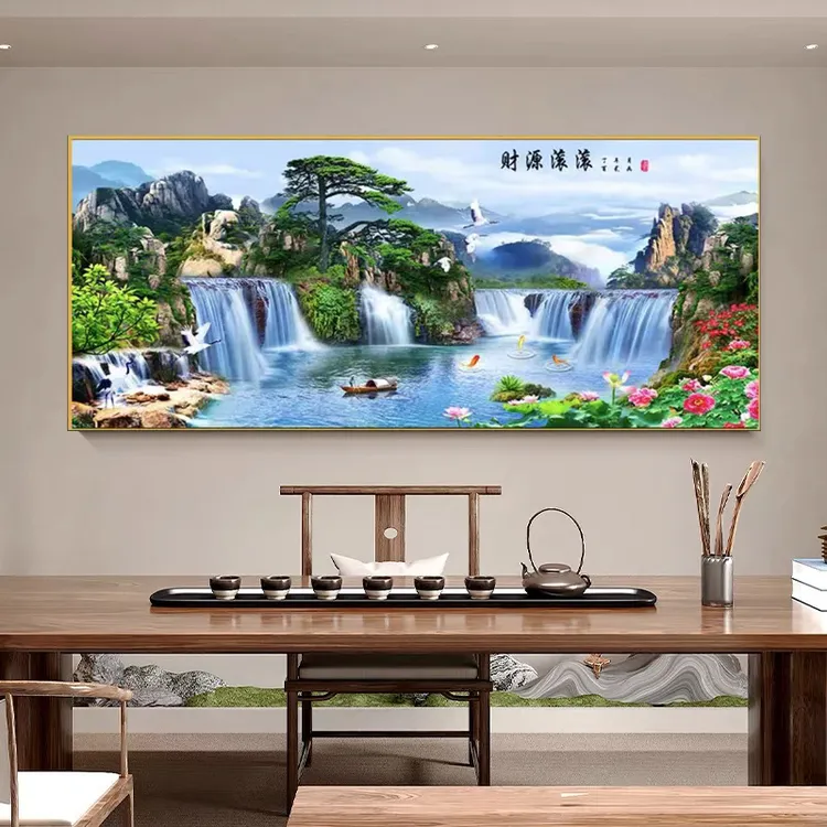 迎客松装饰画晶瓷挂画沙发背景墙挂画新中式风景立体的防水镶钻