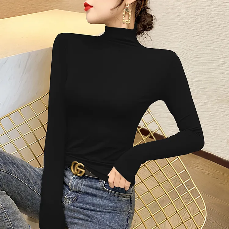 黑色半高领打底衫女莫代尔长袖t春秋冬修身内搭中领洋气上衣女款