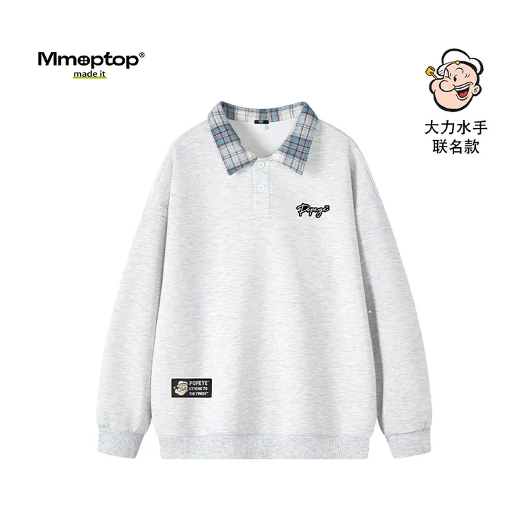 MMOPTOP大力水手联名丨格子拼接翻领polo衫卫衣男秋冬季打底上衣