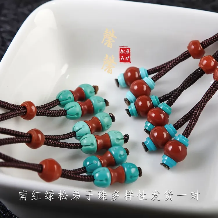 原矿绿松石南红弟子珠撞色拼接精致颜色佩戴纯手工绿松石单珠