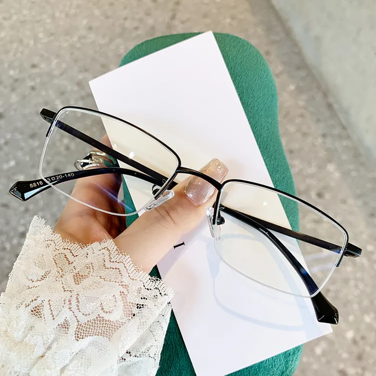 新款防蓝光黑色半框眼镜男复古商务配度数近视镜方框平光变色镜