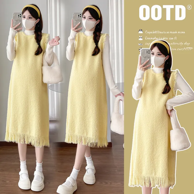孕妇装秋冬2024新款法式可甜可盐气质柠檬黄叠穿流苏中长款背心裙