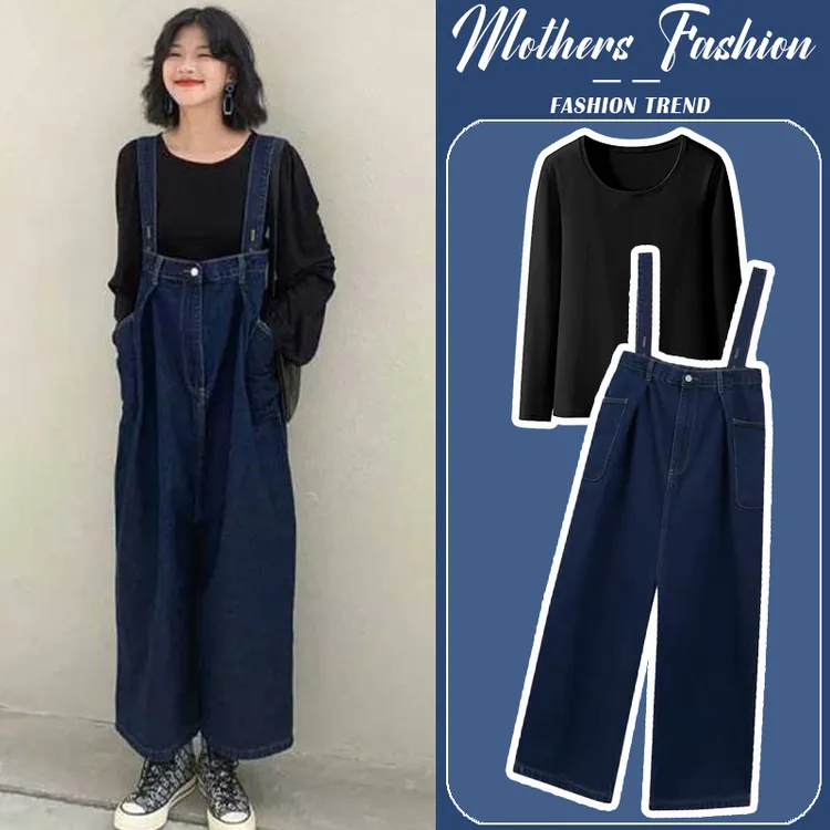 孕妇装2024新款韩版休闲简约牛仔怀孕中长款背带裤圆领上衣减龄裤