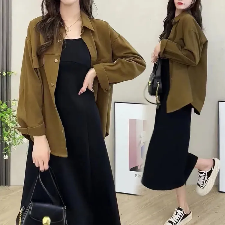 孕妇装秋季2024新款POLO短外套百搭中长款吊带裙显瘦潮妈外套裙子