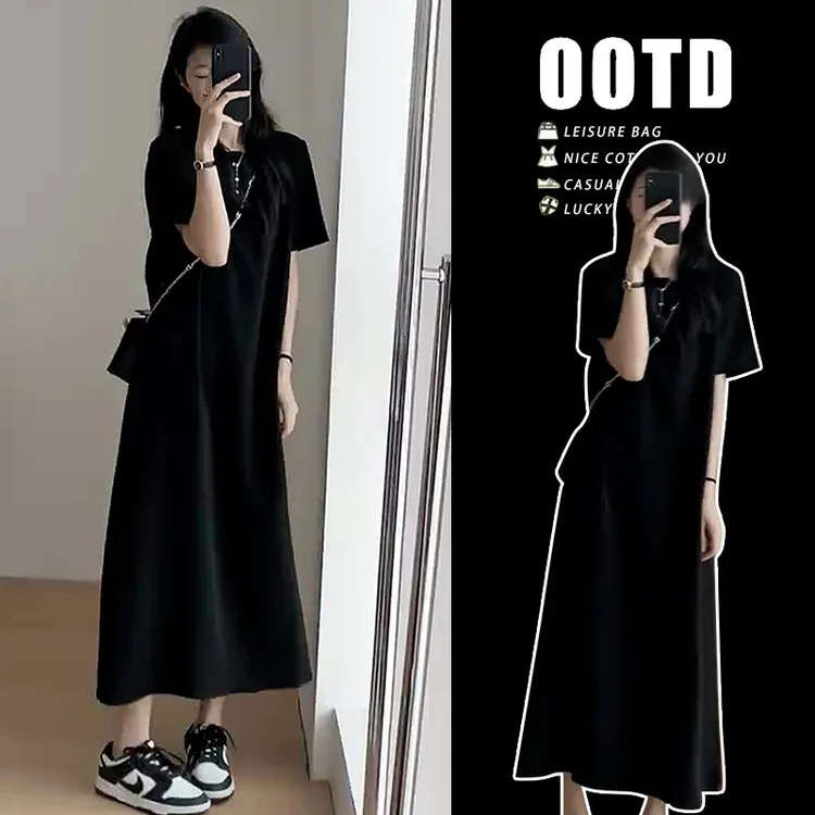 孕妇连衣裙黑色裙子2025夏季新款短袖长款气质时尚中长款辣妈韩版