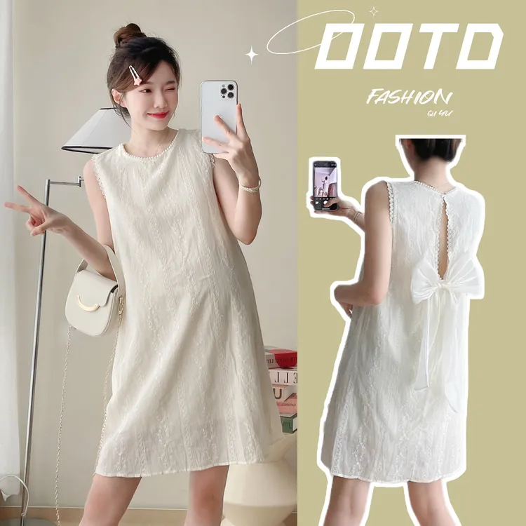 孕妇无袖纯色连衣裙夏季新款时尚气质珍珠领设计感宽松休闲中长裙