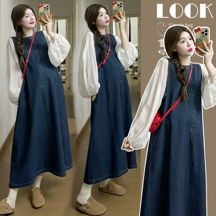 孕妇圆领套头中长款背带裙连衣裙小个子牛仔显瘦时尚背带裙连衣裙