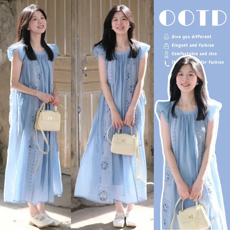 孕妇装夏款法式夏日温柔飞飞袖连衣裙2024新款夏季显瘦短袖孕妇裙