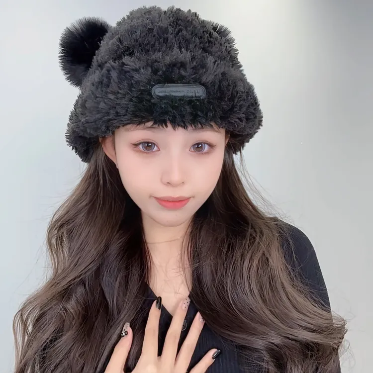 可爱小熊耳朵毛绒显脸小帽子冬季加厚保暖毛茸针织毛线高颜值帽子