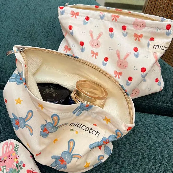卡通兔子花朵印花棉布化妆包帆布内衬夏季旅行耐用笔袋便携收纳袋