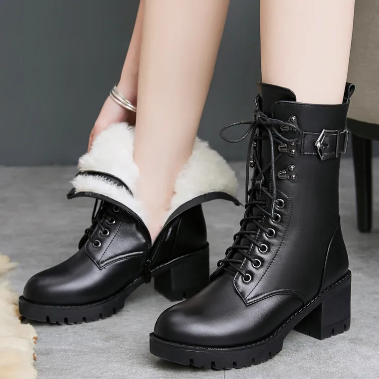 整靴牛皮里粗跟马丁靴【西部羊驼】35-43码中筒靴皮毛一体靴