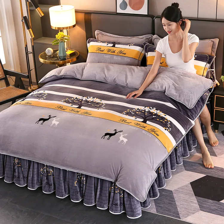 新款加厚加绒牛奶绒四件套8~9斤双面绒防静电被套床单床裙冬季