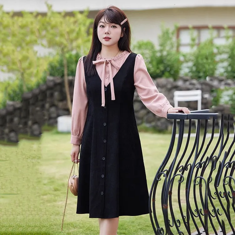 冬装新款木耳边领收腰A字法式长裙遮肚子显瘦胖MM大码磨毛连衣裙