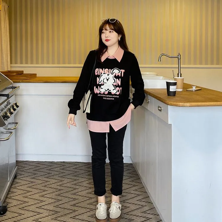 胖mm大码女装显瘦遮肚上衣外套秋季新款假两件学院风绣花卫衣外穿