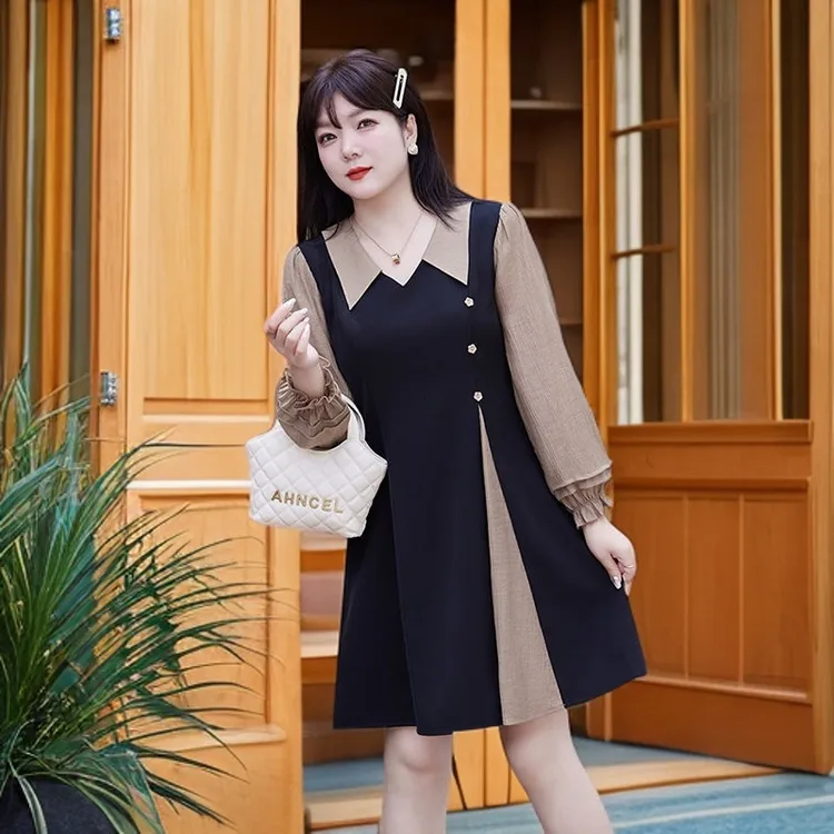 胖mm大码高档连衣裙秋季新款洋气收腰显瘦遮肚连衣裙胖妹妹a字裙