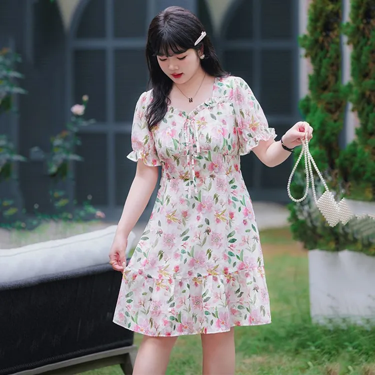 2024夏季新款大码女装碎花裙雪纺连衣裙度假风胖mm宽松收腰A字裙