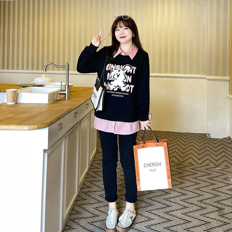 秋冬新款假两件学院风绣花卫衣外穿胖mm大码女装显瘦遮肚上衣外套