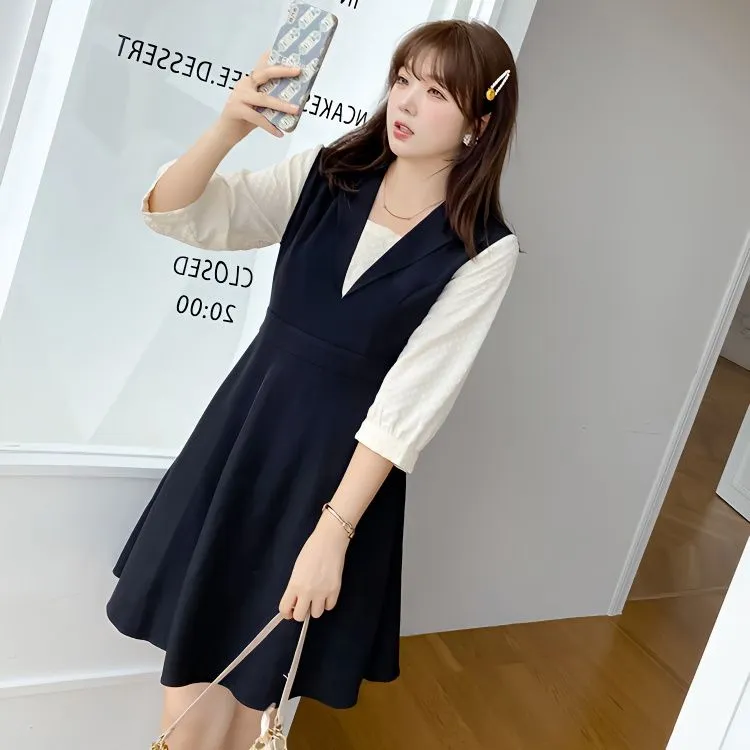 胖mm大码女装秋季新款高档翻领假两件款式水洗假两件上衣女