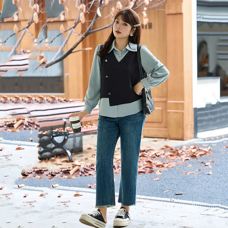 胖mm大码女装显瘦遮肚衬衫2024秋季新款拼接假两件甜美翻领上衣女